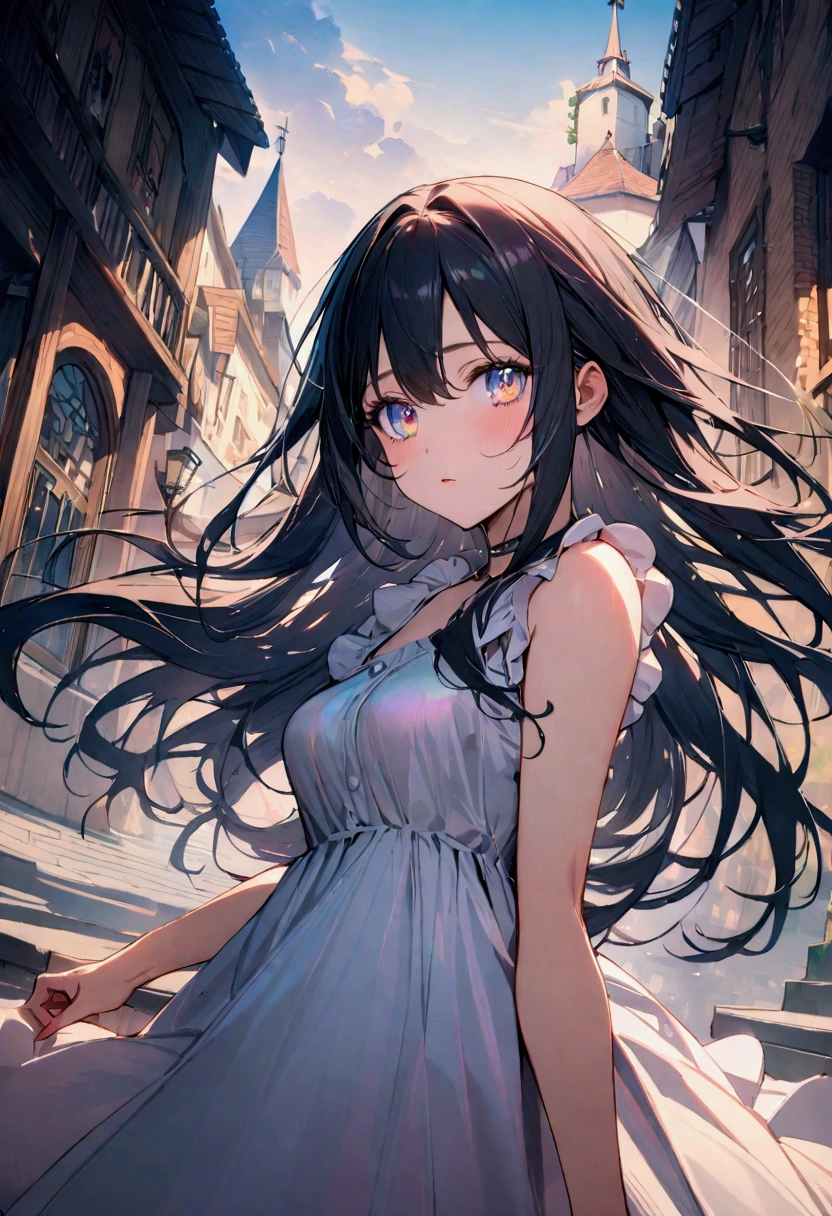 Long dark iridescent hair, iridescent eyes, casual dress, best quality, high resolution, 8k