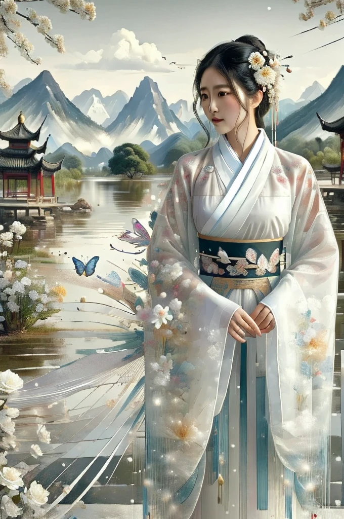 ((masterpiece)),((best quality)),8k,high detailed,ultra-detailed,intricate detail,xs-abstract,1girl, butterfly, solo, bug, hair ornament, black hair, mountain, east asian architecture, flower, architecture, pagoda, hanfu, snow