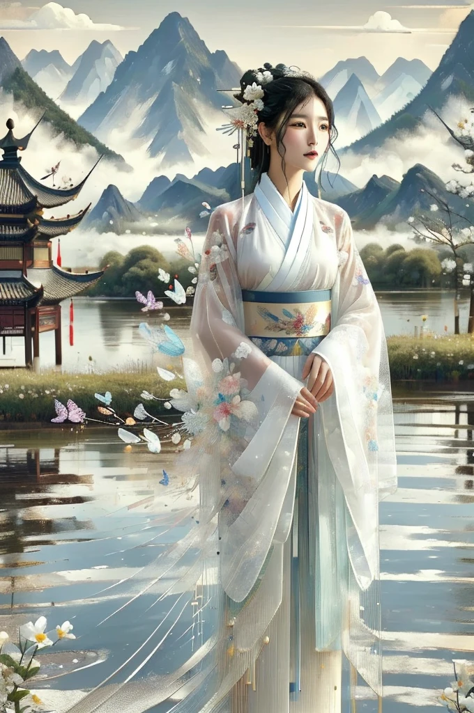 ((masterpiece)),((best quality)),8k,high detailed,ultra-detailed,intricate detail,xs-abstract,1girl, butterfly, solo, bug, hair ornament, black hair, mountain, east asian architecture, flower, architecture, pagoda, hanfu, snow