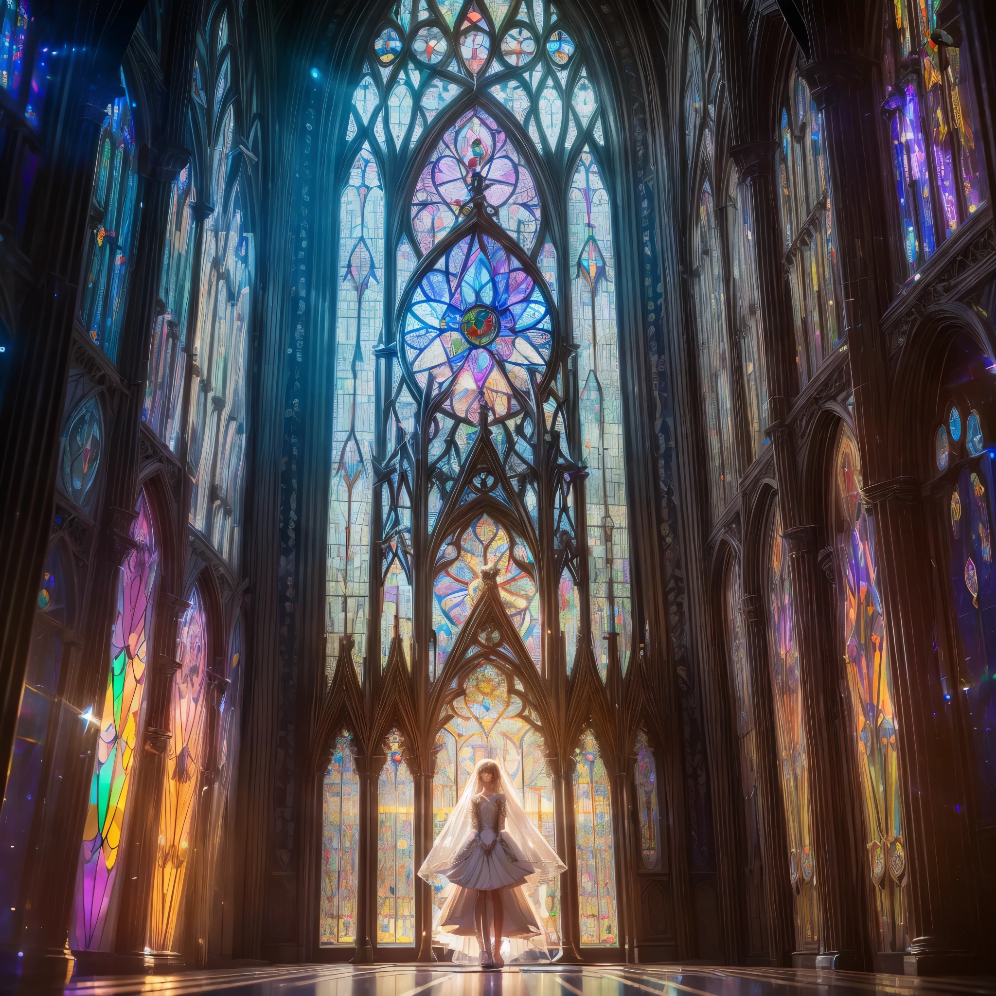  (Cathedral from below:1.28) (ZoomLayer) TopQuality 8K masterpiece of ((Professional photo)), (((Clarisse de Cagliostro))) (Detailed White WeddingDresses), Chain, (((Extremely detailed KAWAII face))) {((VeiledFace))|BlondeHair|(Elaborate BuleEyes)with(SparklingHighlights:1.28)}, The background is distant (((Elaborate stained glass))) Rainbow Glass, {(MysticSight)|EnchantingAtmosphere|Haze|(GodRays)|TyndallEffect}, Radiant PearlSkin with Transparency, (Exposed:0.39)