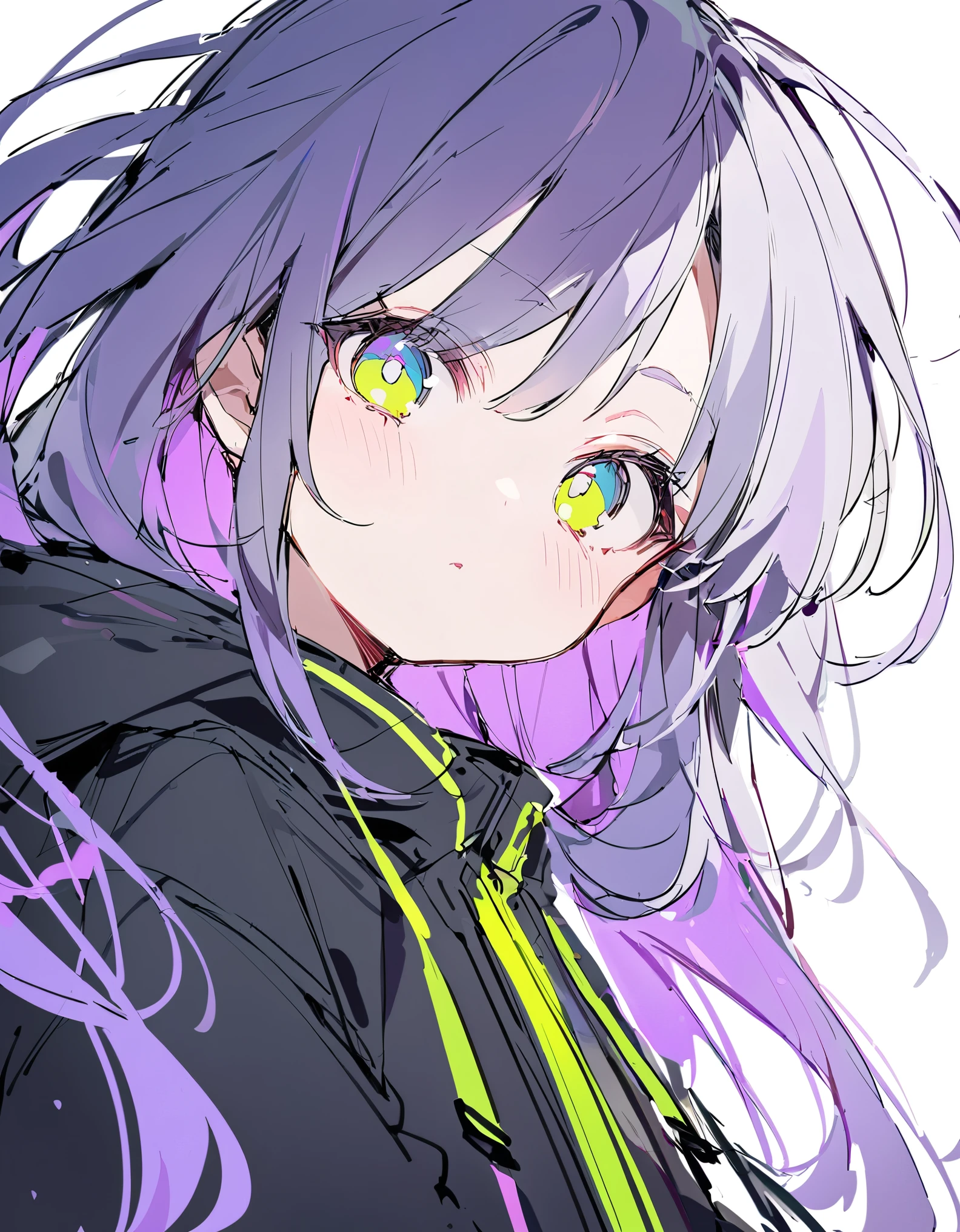 (sketch), (close), (Small body), (Pink Cheeks), (Black anorak parka) ,Navy blue hair,Purple hair tips、 (Medium Long Hair:1.4), (Fluorescent yellow-green eyes), (Big Hair) , (fringe), (More about Strand), (White Background),
