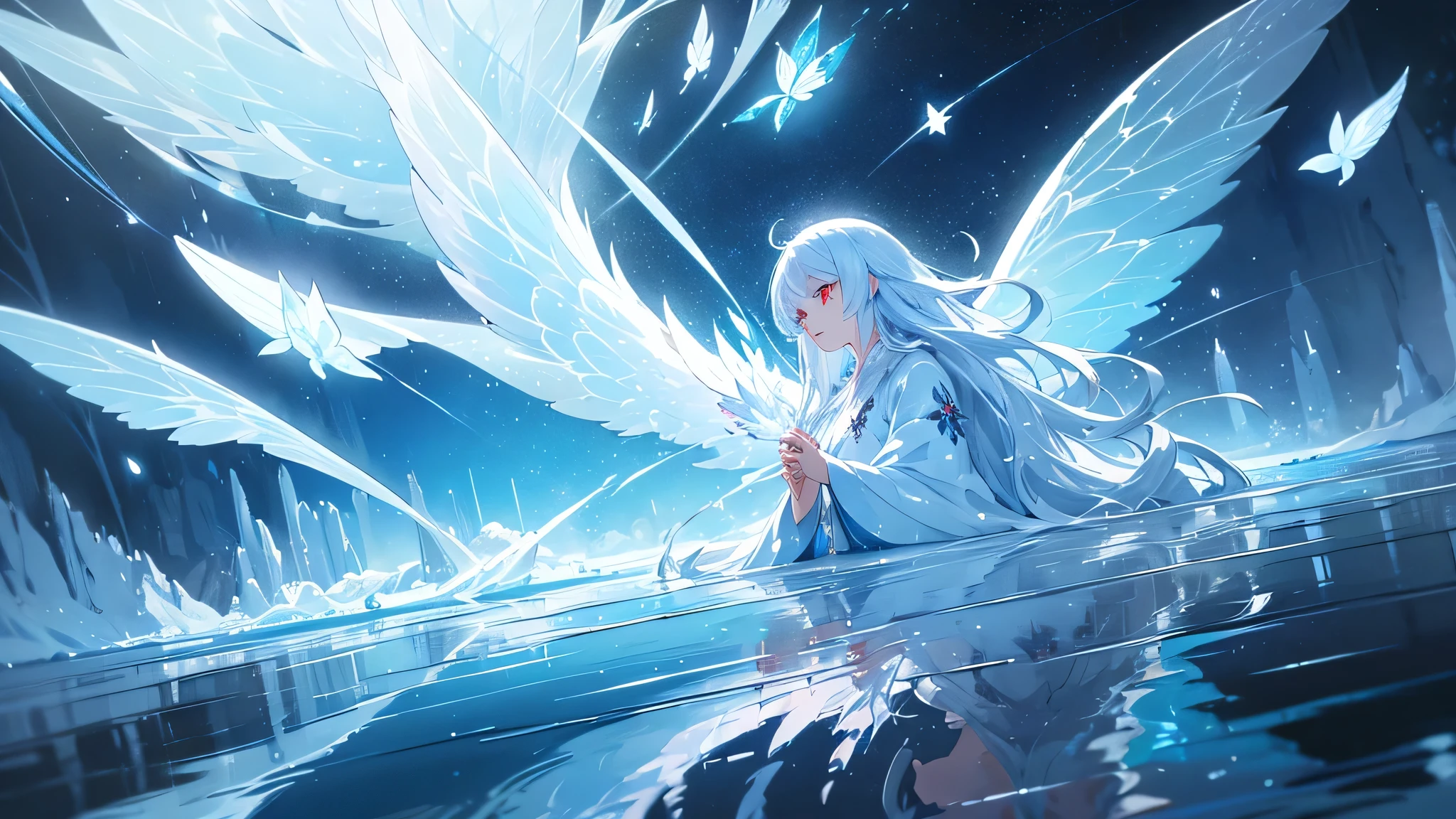 An anime-style illustration of a spirit wearing an ice kimono, with long white hair and beautiful red eyes. The scene is set in a stunning world of water and ice, with light particles and reflections creating a fantastical atmosphere. The spirit appears joyful, surrounded by ice butterflies that add to the enchanting environment. The overall scene should be vibrant and magical, with detailed attention to the textures of the ice and the spirit's features. Ensure the image is high resolution and high definition, capturing the ethereal beauty and fantasy of the moment, and creating a masterpiece with a sense of wonder and delight.