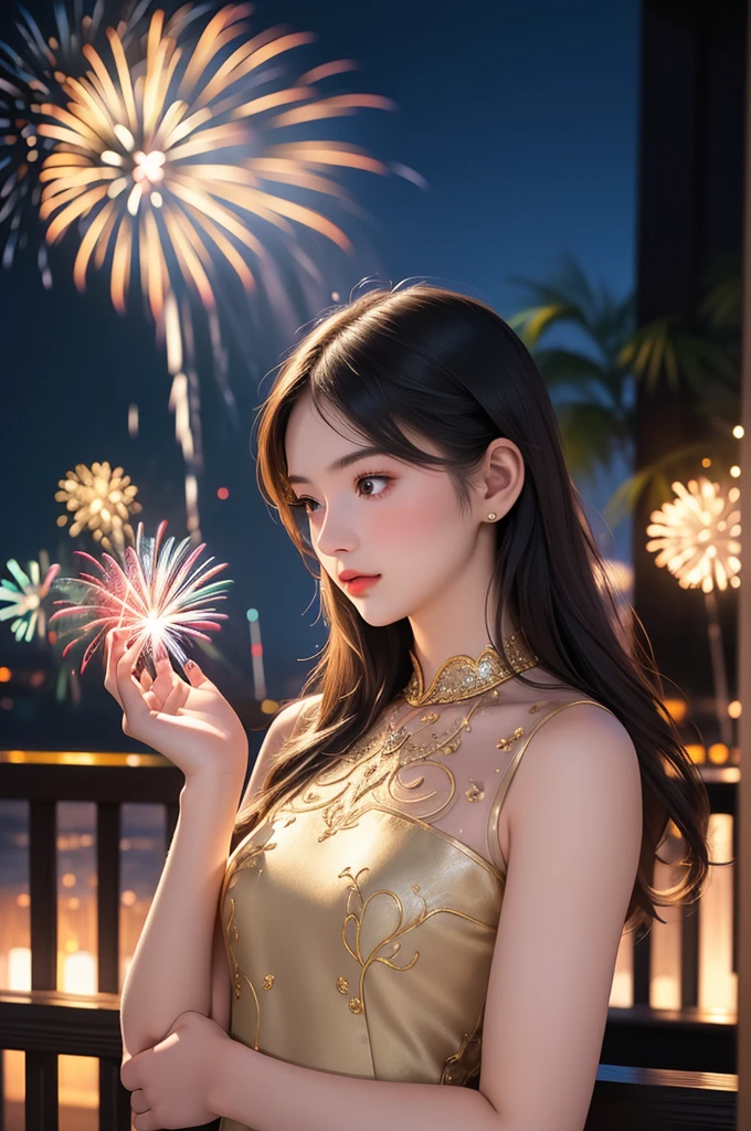 (masterpiece, Highest quality), Intricate details, thin,((夜のOutdoor)), upperbody, (Young woman looking down and enjoying hand-held fireworks:1.3), (The light from the hand-held fireworks gently illuminates the woman&#39;s face), The atmosphere is calm and quiet on a summer night.)), ((slim)), beautiful girl, Light pink hair, White skin, Light purple eyes, Sharp jawline, Messy Hair, lips, Upper Body, (smile:1.2), Outdoor, 