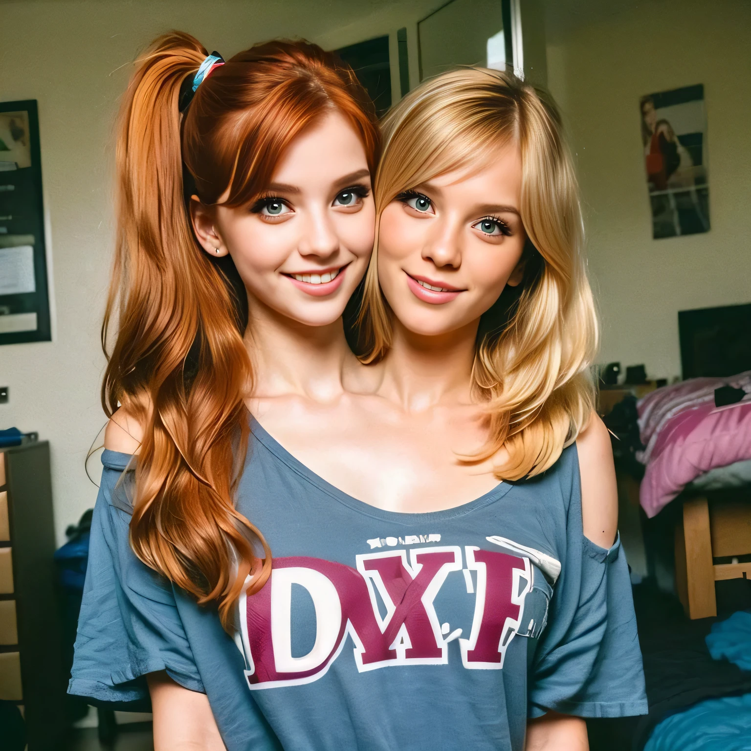 best resolution, 2 heads, two different people conjoined, different heads, long red hair, blonde hair, eyeliner, 25 years old, cute, flirting, horny, sexy, standing in dorm room,