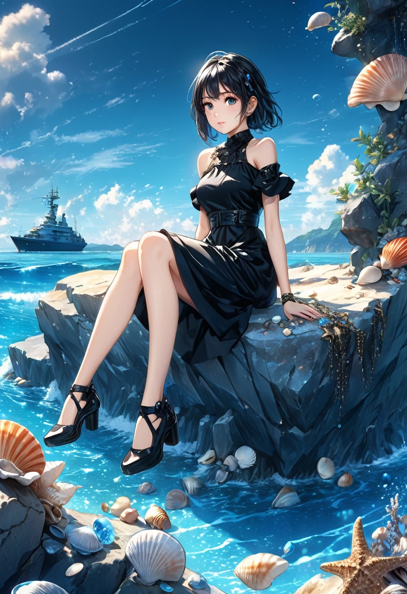 Wearing a black dress、Anime girl sitting on a rock surrounded by seashells, anime art wallpaper 4k, anime art wallpaper 4k, 4K Manga Wallpapers, Wallpaper Anime Blue Water, Anime Art Wallpapers 8K, Deep Sea Cyberpunk, Anime fantasy artwork, Ultra HD Anime Wallpaper, Anime Style 4k, 4k anime wallpaper, Highly detailed digital art in 4K