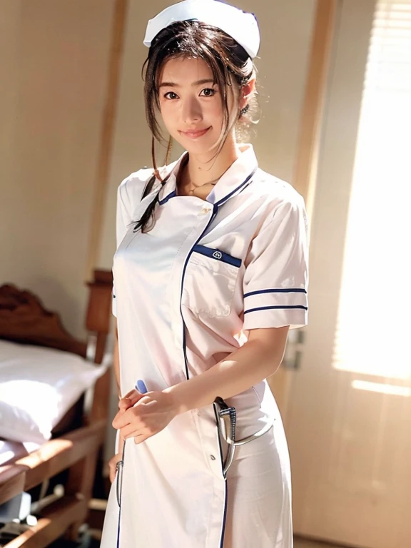 1 girl,(Wearing white nurse clothes:1.2),(RAW Photos, Highest quality), (Realistic, photo-Realistic:1.4), masterpiece, Very delicate and beautiful, Very detailed, 2k wallpaper, wonderful, finely, Very detailed CG unity 8k wallpaper, Very detailedな, High resolution, Soft Light, Beautiful detailed girl, Very detailed eyes and face, Beautiful and detailed nose, finely beautiful eyes, nurse, Perfect Anatomy, Black Hair, Upstyle, nurse uniform, ((nurse cap)), Long skirt, nurse, White costume, thin, hospital, clear, White Uniform, hospital room, Neck auscultation, Upper Body Shot