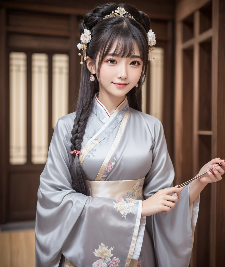 masterpiece, Highest quality, One girl, alone, Long Hair, View your viewers, smile, bangs, hair ornaments, Long sleeve, dress, Are standing, clavicle, Gray Hair, Grey Hair, Alternative costume, Wide sleeves, wood, Chinese clothing, hairpin, Hanfu, 