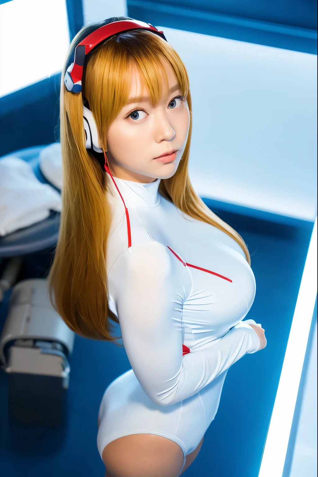 (Overhead view),dynamic angle,ultra-detailed, illustration, close-up, straight on, 1girl, 
 ((souryuu asuka langley, interface headset, red bodysuit:1.4, blonde)),Her eyes shone like dreamy stars,(glowing eyes:1.233),(beautiful and detailed eyes:1.1),(expressionless,closed mouth),(standing), 
(mechanic room with toolsand spaceship windowin a white SPACESHIP),
(night:1.2),dreamy, [[delicate fingers and hands:0.55]::0.85],(detail fingers),