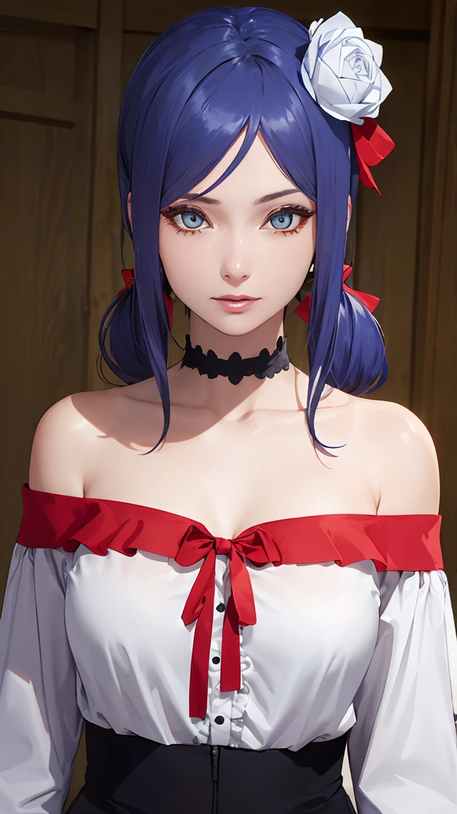 （（danya，konan \(naruto\),konan, blue hair, Orange pupils, short hair, hair ornament, flower, hair flower, ）））
BREAK ((shirt, bare shoulders, twintails, collarbone, hair ribbon, white shirt, frills, off shoulder, red ribbon, short twintails, off-shoulder shirt, frilled shirt:1.5)) 
BREAK (Viewer's Perspective、cowboy  shot:1)、Naughty big、large full breasts、(Perfect hands, Perfect Anatomy),Look at viewers、a smile,
BREAK (masterpiece:1.2), best quality, high resolution, unity 8k wallpaper, (illustration:0.8), (beautiful detailed eyes:1.6), extremely detailed face, perfect lighting, extremely detailed CG, (perfect hands, perfect anatomy),