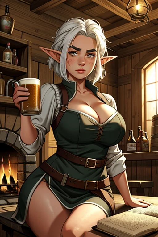 1 young female Gnome, short but robust, with short, disheveled white hair down to her shoulders, pointed ears, dark brown eyes, freckles on her face, thin lips, a skittish and suspicious look, thick eyebrows, round face, large breasts ((with cleavage)), wide hips, thick thighs, sitting in a rustic wooden armchair, drinking a mug of beer, very pretty, living room scene living room of a rustic medieval house, detailed art, perfect lighting