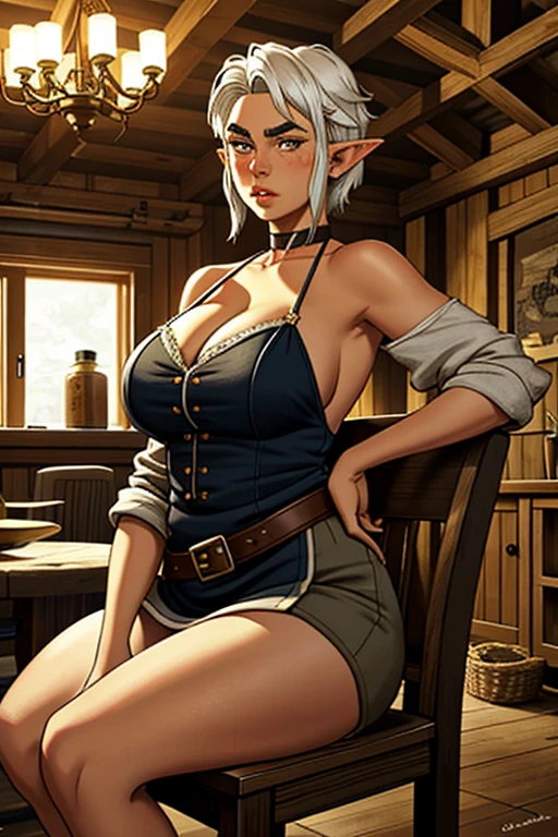 ung female Gnome, short but robust, with short, disheveled white hair down to her shoulders, pointed ears, dark brown eyes, freckles on her face, thin lips, a skittish and suspicious look, thick eyebrows, round face, large breasts ((with cleavage)), wide hips, thick thighs, sitting in a rustic wooden armchair, drinking a mug of beer, very pretty, living room scene living room of a rustic medieval house, detailed art, perfect lighting