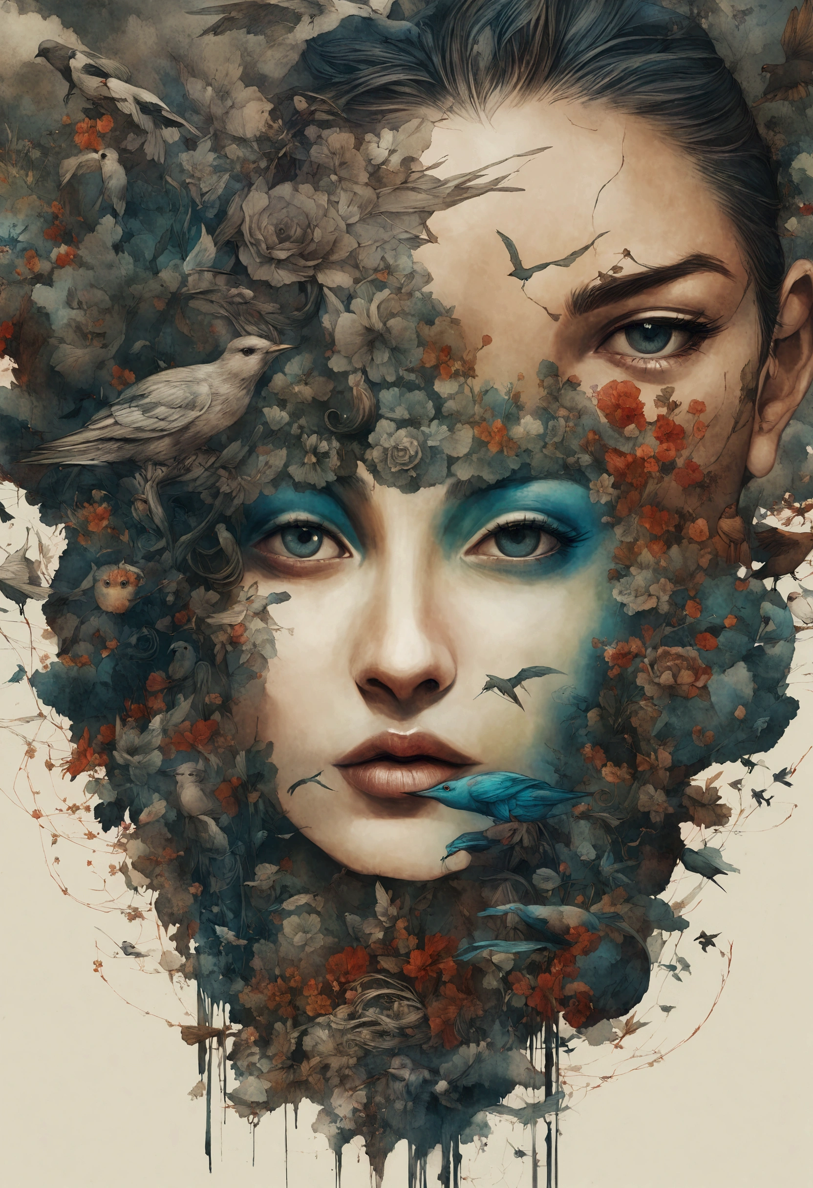 Painting of a woman with birds and flowers in her hair, inspired by Marco Mazzoni, James Jean and Urop, anna dittman, Beautiful artwork illustration, Karol Baak and Peter Mohrbacher, james jean and peter mohrbacher, anna dittmann alberto vargas, Exquisite digital illustrations, Tom Bagshaw and Sabbath Aptera