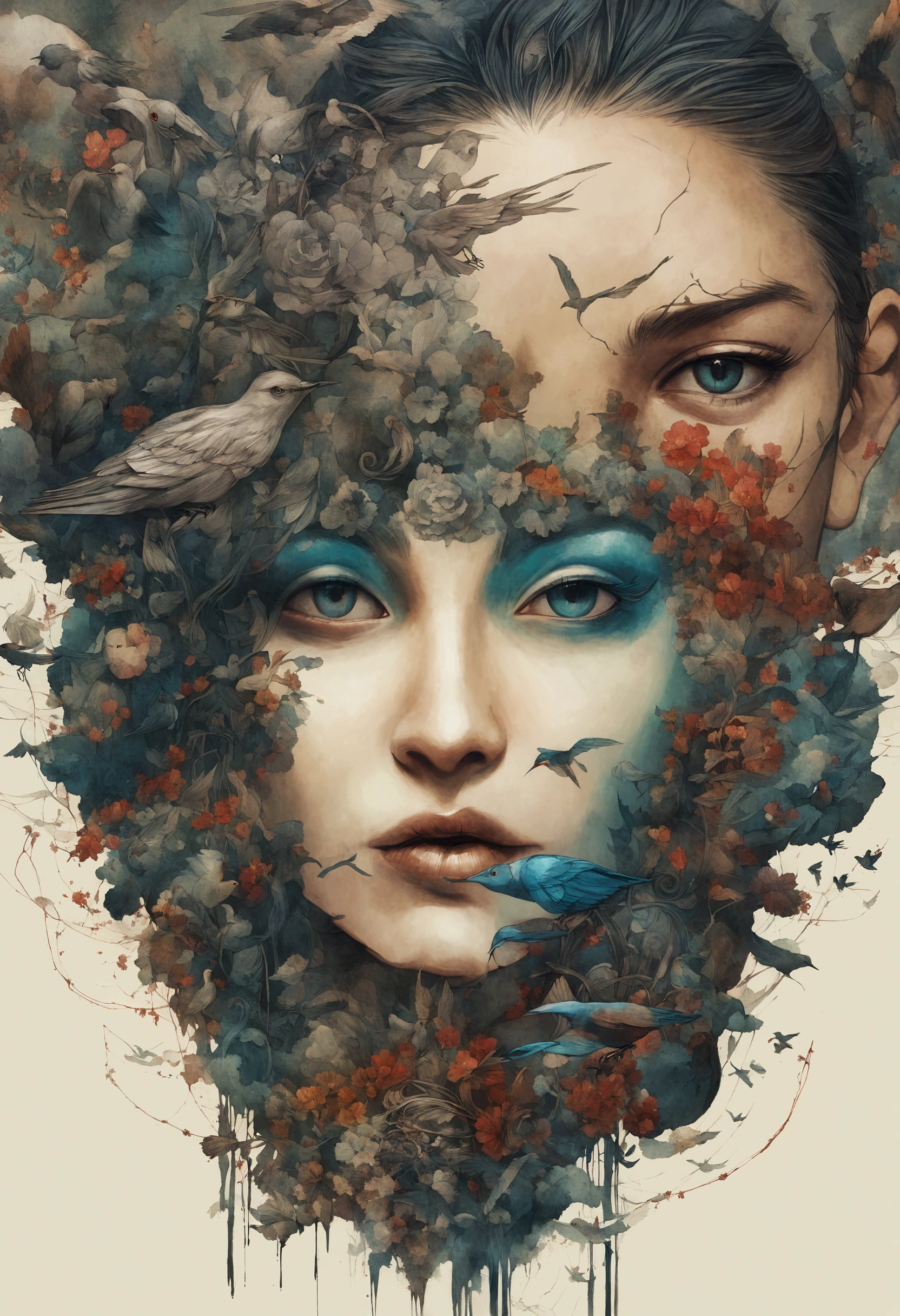 Painting of a woman with birds and flowers in her hair, inspired by Marco Mazzoni, James Jean and Urop, anna dittman, Beautiful artwork illustration, Karol Baak and Peter Mohrbacher, james jean and peter mohrbacher, anna dittmann alberto vargas, Exquisite digital illustrations, Tom Bagshaw and Sabbath Aptera