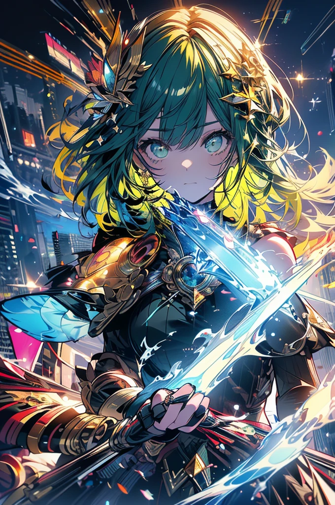 (Masterpiece, 4k resolution, ultra-realistic, very detailed), (Theme of knights of the zodiac, charismatic, there is a girl at the top of the city, wearing a golden gold armor Sagittarius knight, she is a superhero), [ ((20 years), (long green hair:1.2), full body, (green eyes:1.2), ((fighting pose),show of strength), ((sandy urban environment):0.8)| (cityscape, at night, dynamic lights), (full moon))