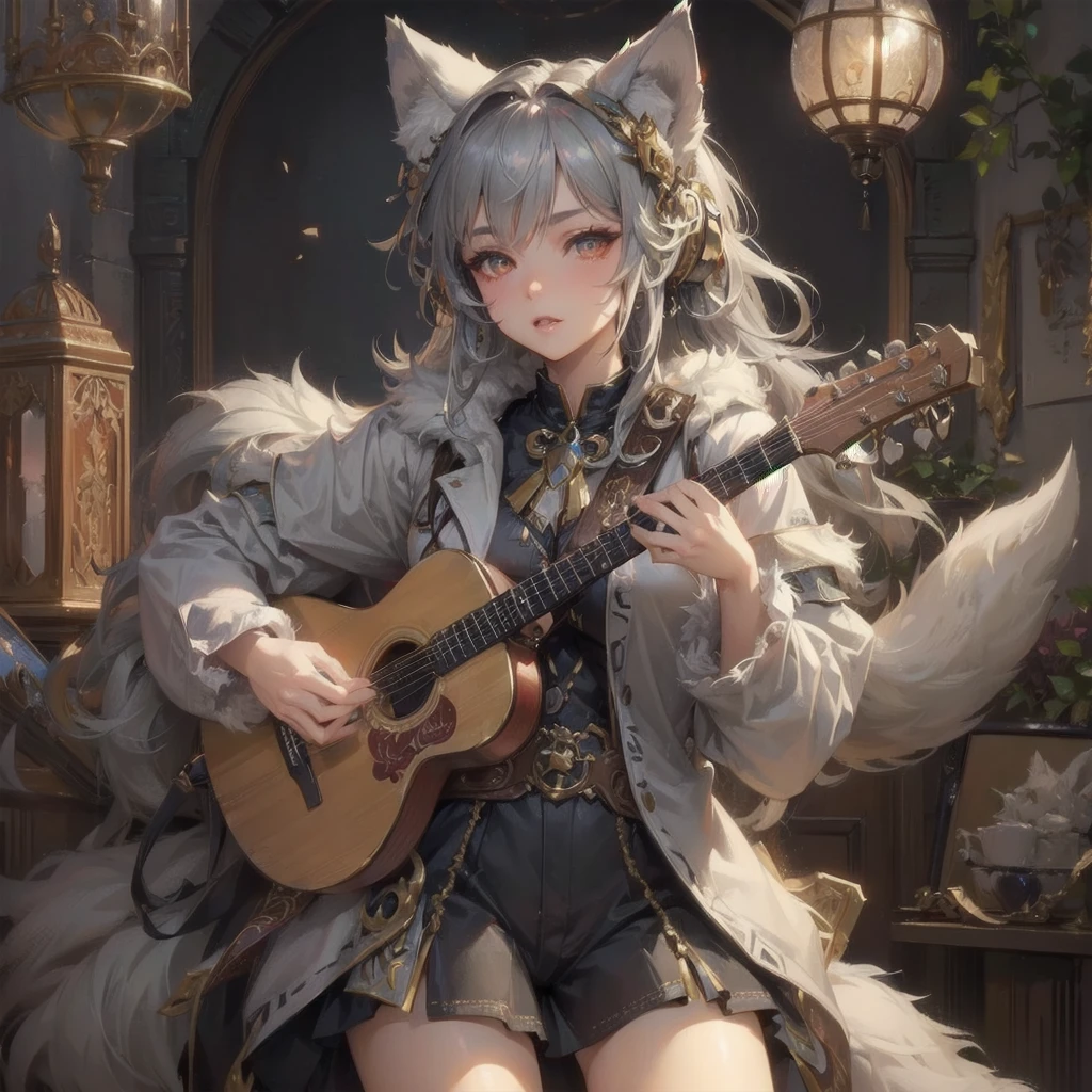  masterpiece, (textured skin), best quality, gorgeous beautiful, (a beautiful girl,wolf ears,wolf tail),detailed clothes,large breasts,narrow waist,, (beautiful face), cinematic lighting, (fantasy anime art ),