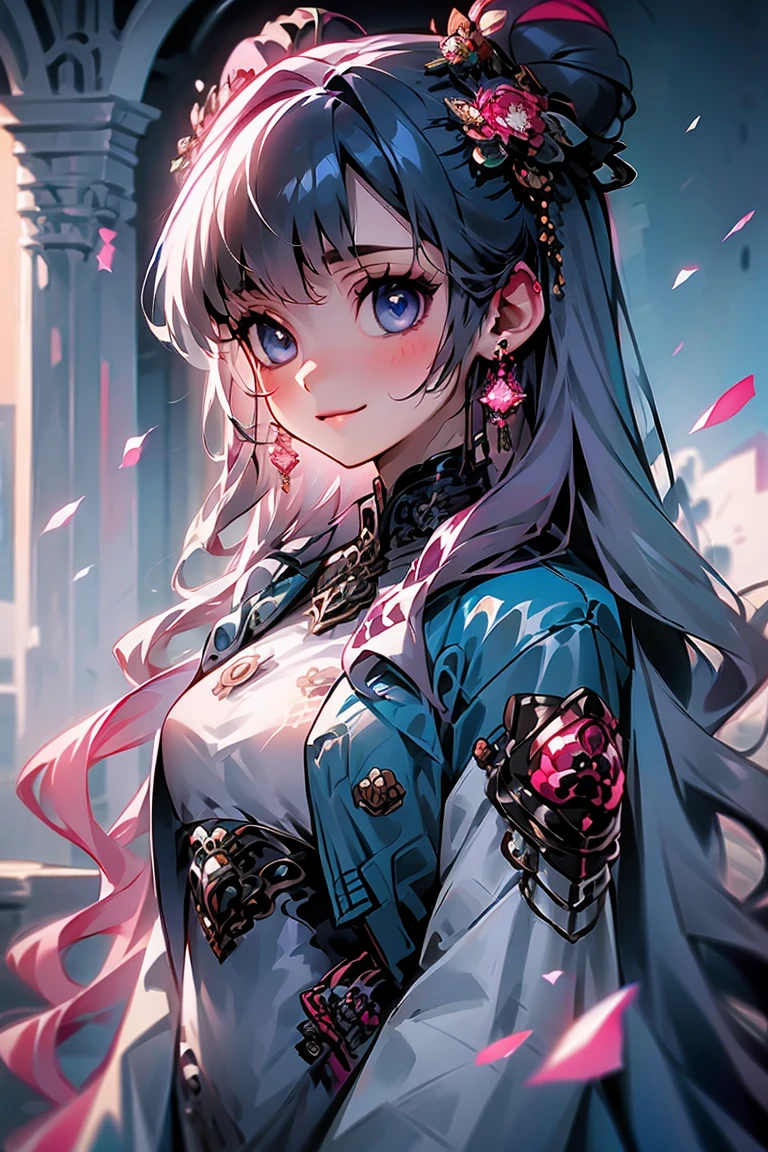 1girl, solo, long hair, jewelry, pink hair, earrings, looking at viewer, jacket, smile, upper body, blue jacket, dress, blue eyes, pink dress, grey eyes, closed mouth, long sleeves, open jacket, buttons, wavy hair, eyelashes, open clothes