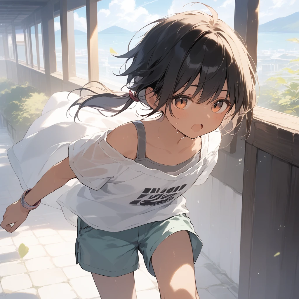score_9, score_8_up, score_7_up, source_anime, best quality, masterpiece, official art, absurdres, highres, ultra-detailed,waifu2x,Collection: Slice of Life,break,1girl, tomboy, dark-skinned female, short hair, low ponytail, flat chest, beautiful detailed eyes, shorts, sweat, open mouth, (yawn:0.3), sleepily, outdoors, wind,break,(clear line illustration:1.2), super detailed skin,very high resolution, very aesthetic, Best sexual lighting powered by famous artist, 8k,cute picture,beauty illustration,photoshop_(medium),,(Detailed Lighting),best anime 8k konachan wallpaper, pixiv contest winner,