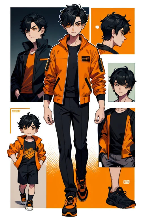 male, black short hair with yellow trim, orange eyes, (((1boy))), (((orange jacket))), (black shirt), (black pants), (black shoes), young, long legs, smiling