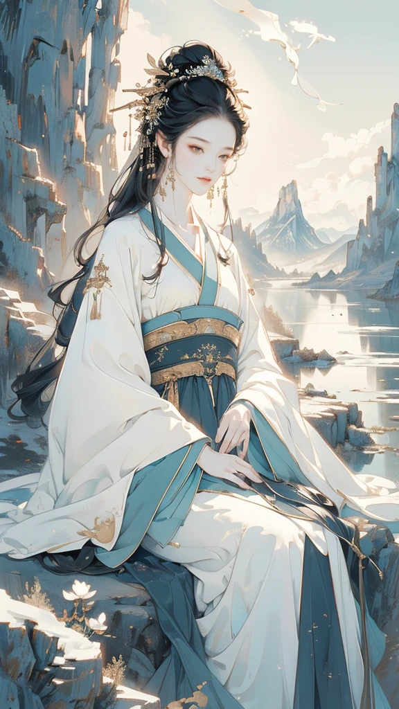 Masterpiece, best quality, 4k, absurd, simple background, 1 girl, (solo), (Hanfu), long skirt, white, sitting by the river, central composition, white decoration, black hair, dreamy, (cute face), chest, sky background, (long hair), pond, distant mountain, Li Hui, front, (looking at the audience), central composition, half, dreaming, fantasy, close-up, (sky), outdoor, long eyes, No excess, no ribbons, blurry background, (no hair accessories), lighting, lighting, sunlight, lighting effects, CG digital rendering,negative_hand, snow