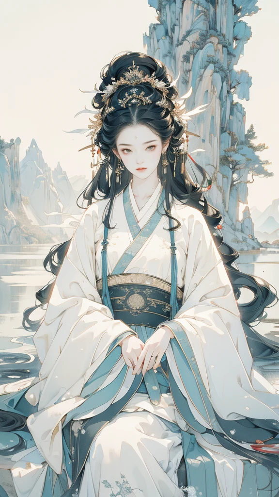 Masterpiece, best quality, 4k, absurd, simple background, 1 girl, (solo), (Hanfu), long skirt, white, sitting by the river, central composition, white decoration, black hair, dreamy, (cute face), chest, sky background, (long hair), pond, distant mountain, Li Hui, front, (looking at the audience), central composition, half, dreaming, fantasy, close-up, (sky), outdoor, long eyes, No excess, no ribbons, blurry background, (no hair accessories), lighting, lighting, sunlight, lighting effects, CG digital rendering,negative_hand, snow