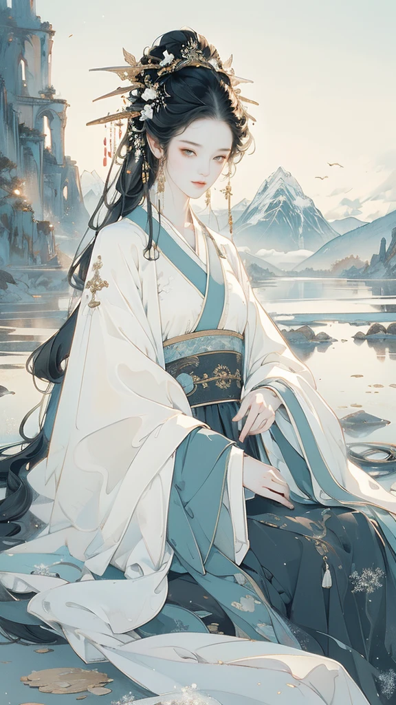 Masterpiece, best quality, 4k, absurd, simple background, 1 girl, (solo), (Hanfu), long skirt, white, sitting by the river, central composition, white decoration, black hair, dreamy, (cute face), chest, sky background, (long hair), pond, distant mountain, Li Hui, front, (looking at the audience), central composition, half, dreaming, fantasy, close-up, (sky), outdoor, long eyes, No excess, no ribbons, blurry background, (no hair accessories), lighting, lighting, sunlight, lighting effects, CG digital rendering,negative_hand, snow