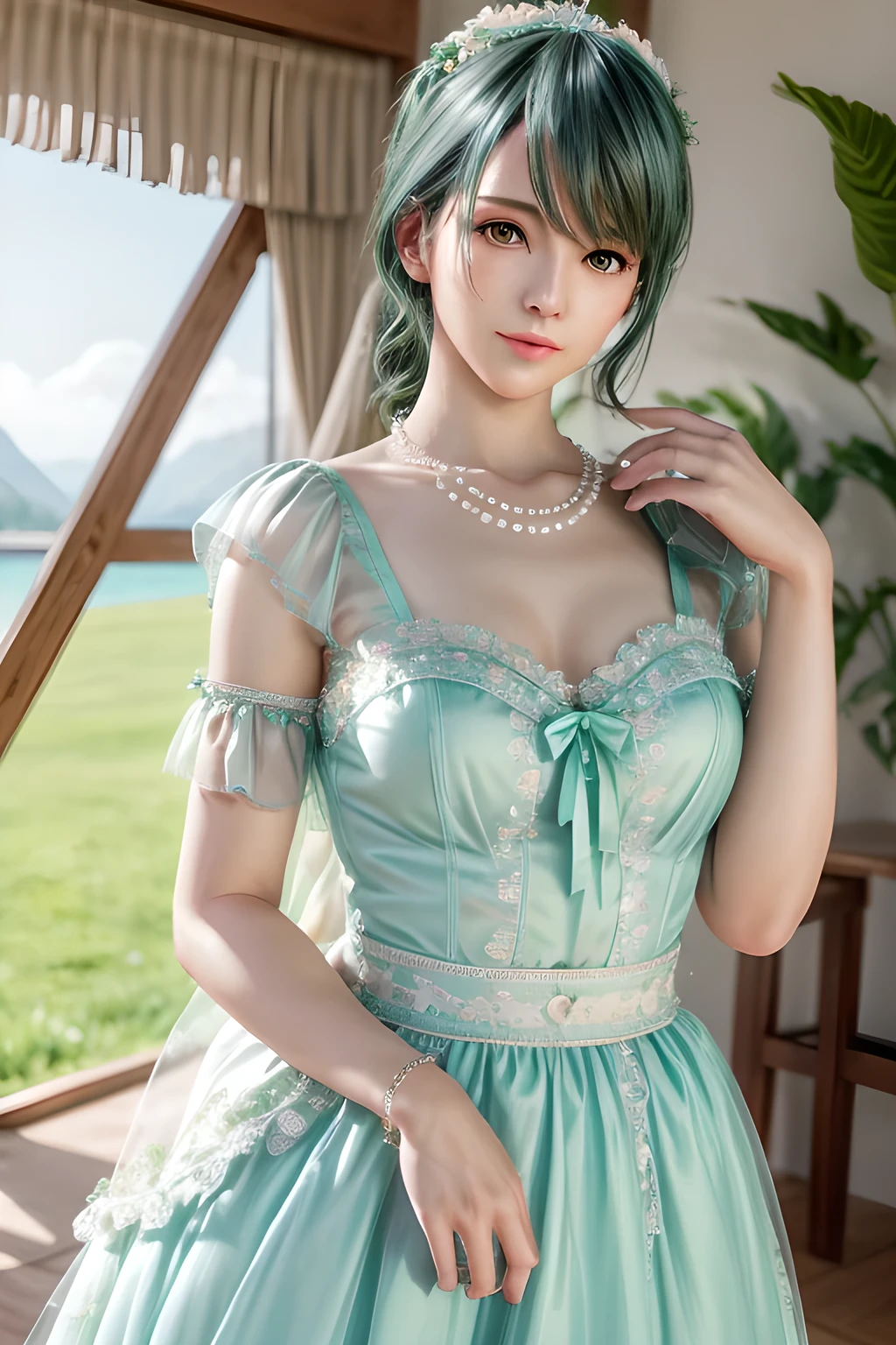 1girl,They wear a light green dress with sheer puff sleeves and a fitted bodice, tied with a light blue bow at the waist. The outfit exudes a feminine and sophisticated beauty, with a pearl necklace around her neck and flower accessories in her hair. The soft natural light creates a serene and elegant atmosphere, enhancing the overall composition. The background features floral elements and sheer curtains, adding an ethereal and springtime feel to the scene., (best quality,8k,highres,masterpiece:1.2),ultra-detailed,(realistic,photorealistic,photo-realistic:1.37),studio lighting,ultra-fine painting,sharp focus,physically-based rendering,extreme detail description,professional,vivid colors