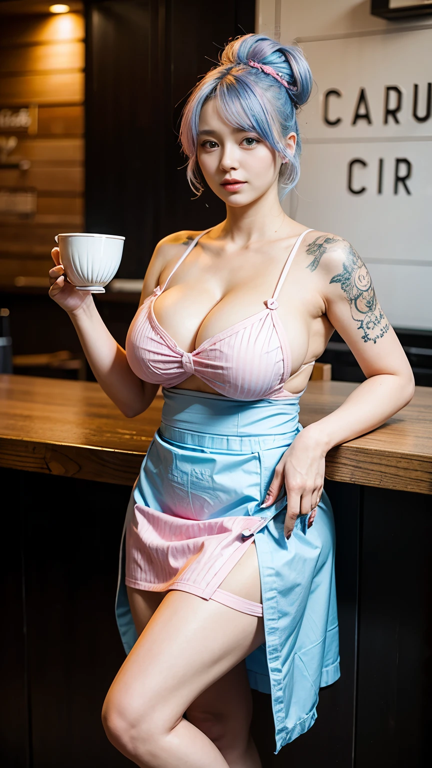 Cool beauty，Looks sweet，(updo, blue and pink hair), only wearing dark green starbucks apron, off-shoulders, show cleavage, (show big thigh, plump body), huge breast, full body photo, standing pose. nd. In coffee shop. Tatooed 