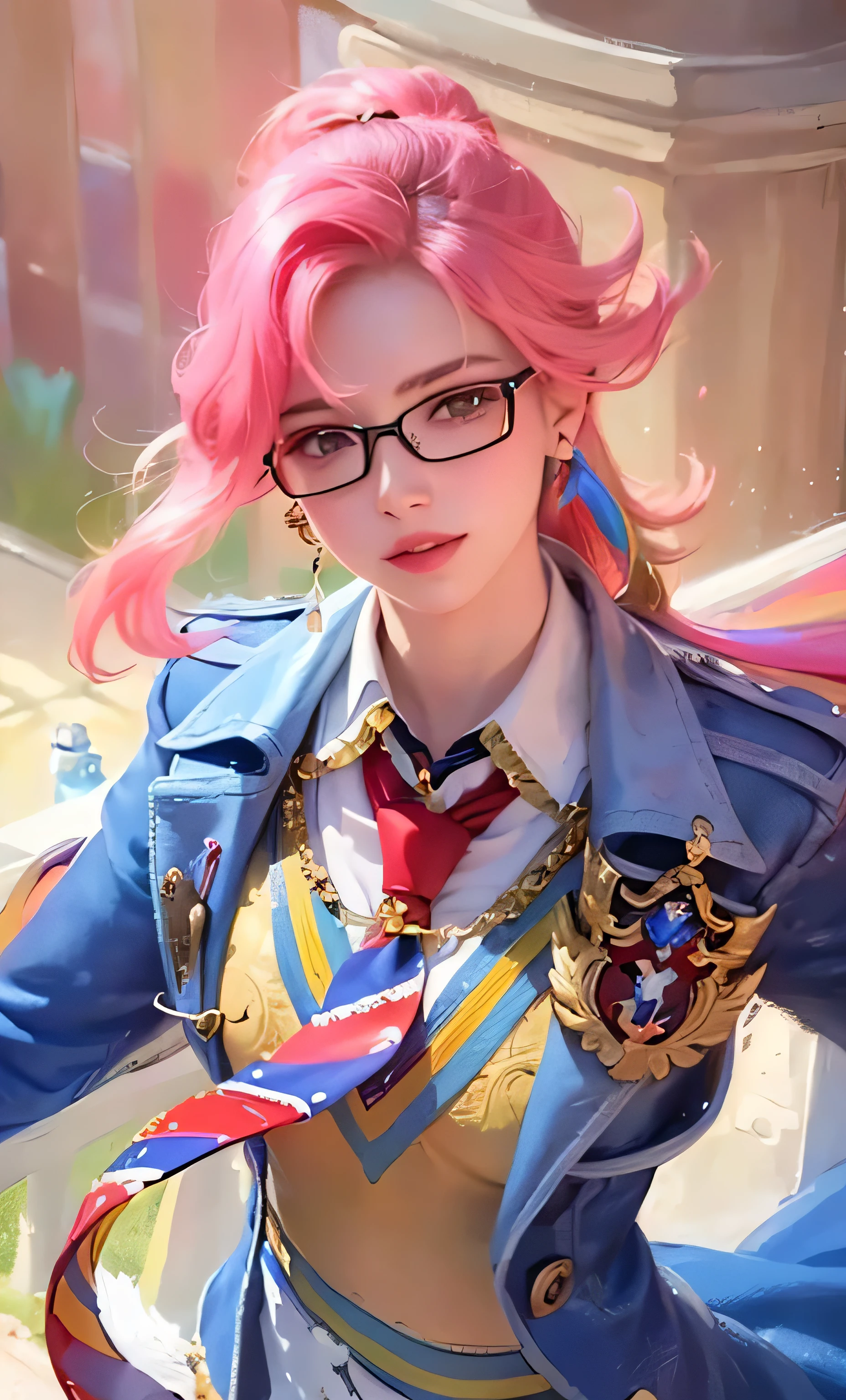 (8k, RAW photo, photorealistic:1.25) ,( lipgloss, eyelashes, gloss-face, glossy skin, best quality, ultra highres, depth of field, chromatic aberration, caustics, Broad lighting, natural shading,) looking at viewer with a serene and goddess-like happiness, wearing glasses