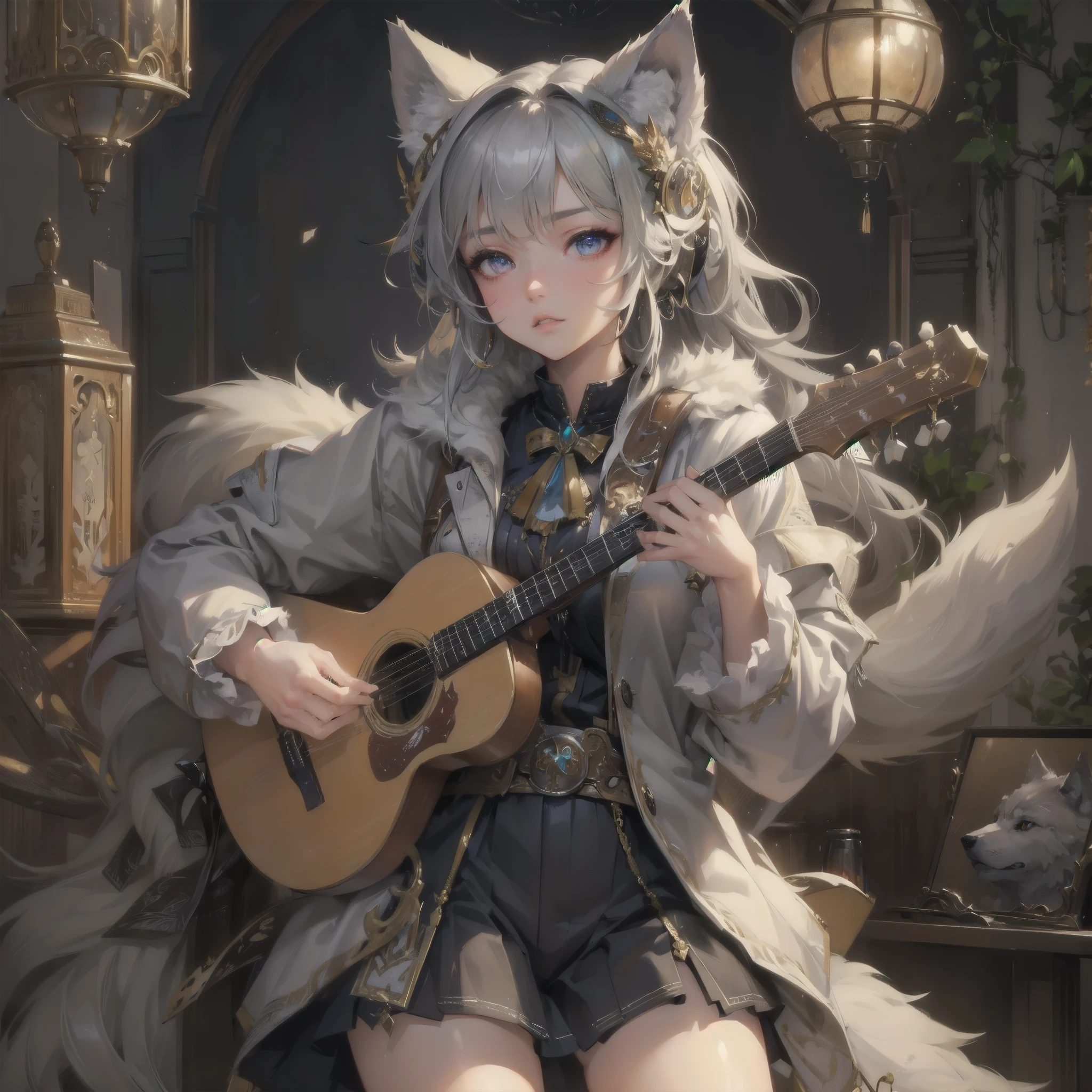 masterpiece, (textured skin), best quality, gorgeous beautiful, (a beautiful girl,wolf ears,wolf tail),detailed clothes,large breasts,narrow waist,, (beautiful face), cinematic lighting, (fantasy anime art ),
