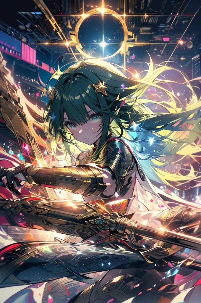(Masterpiece, 4k resolution, ultra-realistic, very detailed), (Theme of knights of the zodiac, charismatic, there is a girl at the top of the city, wearing a golden gold armor Sagittarius knight, she is a superhero), [ ((20 years), (long green hair:1.2), full body, (green eyes:1.2), ((fighting pose),show of strength), ((sandy urban environment):0.8)| (cityscape, at night, dynamic lights), (full moon))
