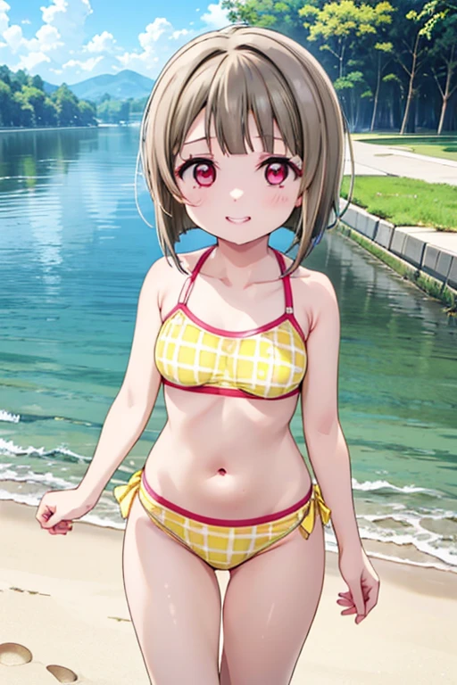 lovelive、Kasumi Nakasu、Yellow-brown hair、Bobcut、short hair、Asymmetrical bangs、Long left bangs、Red Eye、Riverbank、Yellow Bikini、cute、smile、View your viewers、Clear skies、Depth of written boundary、Ray Tracing