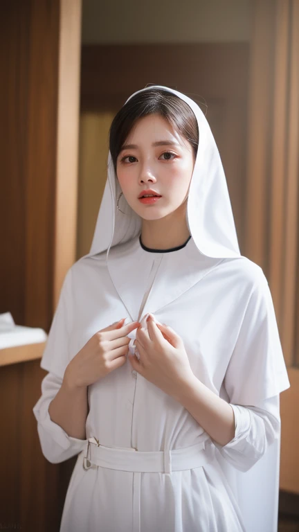 ((best quality, 8ก, Masterpiece :1.37)), (christian church), bare chest, wearing a nun&#39;s hat, position:Standing style, (girl christian nun), Beautiful face, Topping, 18 year old girl, black hair, Extraordinarily detailed face, Extraordinarily detailed body, proportional figure, smiling lips, Beautifully detailed eyes, Korean eyes, Fine nose, natural lips, ((smiling lips)), Smiling faces, wearing a nun&#39;s hat, jubba thobbe fancy, (Full body photo 1.1), view of the blue sky, pink nipples, Erotic body, (strip naked), realistic face, White lace panties