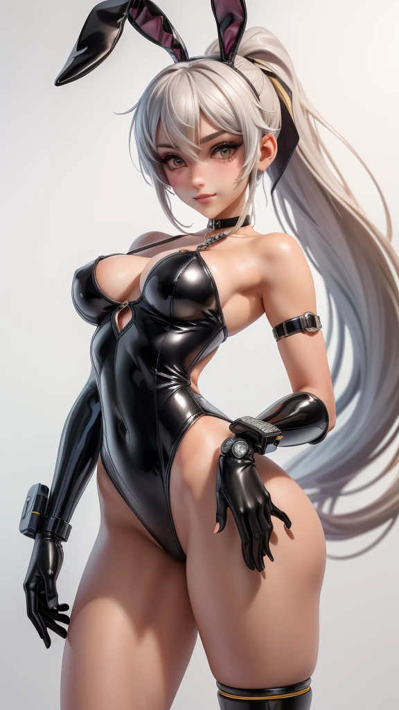 1 girl,(standing alone),(high-lEvel image quality),(high qualiy),(high resolution),(detailded),(work of art),(work of art:1.2),(cowboy shot:1.4), (realisitic), (semi-realisitic),looking ahead at viewer, olhos detaildeds, face perfect, perfects eyes, rosto detailded,(smooth shading),Eve,ssmile,(cybernetic futuristic bunny leotard),Eve,(longer ponytail),eyes browns, gloves fingerless, high socks, neckleace,(high-heels),(what background), (whole body),down, Correia, choker,(bunny ears), High above,