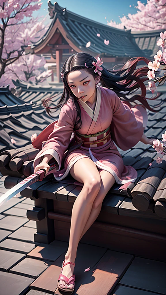 a female character, wearing a plain colored kimono, named "NEZUKO" in the story "demon slayer" with pink eyes, flip-flops, with a mouth that is biting pieces of bamboo, is sitting on a roof tile while holding a katana, with realistic cherry blossom effects flying