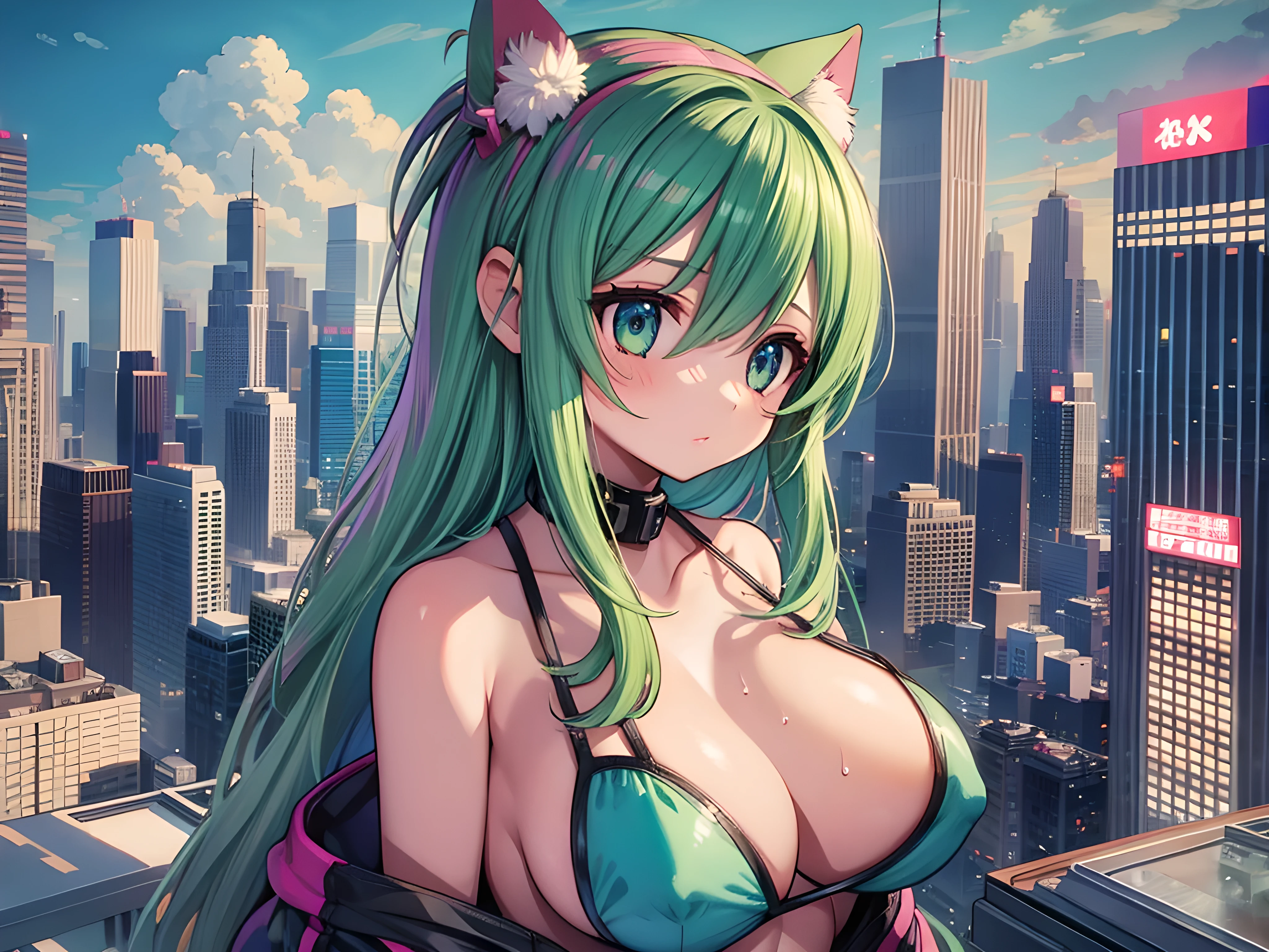 (1girls), Cyberpunk City with Ocean View, End of the Century, Outage, BREAK, PINK HAIR, BEAUTIFUL GIRL, WHITE MICRO BIKINI, RUN, BIG BREASTS, BREAK, GREEN HAIR, BIG BREASTS, PINK BRA, BLUE SCANTIES, CAT Pose, BREAK, masterpiece, high quality, sexy illustration for two, pastel colors, perfect anatomy
