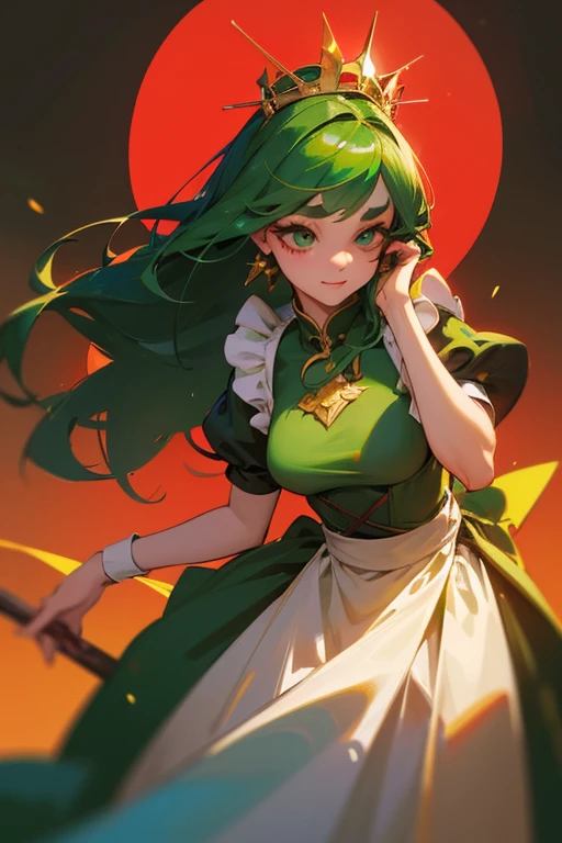 (Highest quality, masterpiece:1.2), High resolution, Very detailed, Realistic:1.37, Fantasy, An illustration, Green Eyes、Queen, Red and green swimsuit、Platinum decoration、beautifully、Eyeshadow Red、Thick eyebrows、Long eyelashes、pupils are black、Her hair is dark green、Gold crown、Kissing Face、Embarrassing、Beloved by the crowd、Hair is green、Braiding、(Fancy hair accessories)、Laugh gently、From the waist up、((Maid))