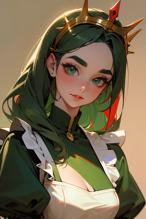 (Highest quality, masterpiece:1.2), High resolution, Very detailed, Realistic:1.37, Fantasy, An illustration, Green Eyes、Queen, Red and green swimsuit、Platinum decoration、beautifully、Eyeshadow Red、Thick eyebrows、Long eyelashes、pupils are black、Her hair is dark green、Gold crown、Kissing Face、Embarrassing、Beloved by the crowd、Hair is green、Braiding、(Fancy hair accessories)、Laugh gently、From the waist up、((Maid))