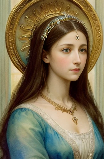 Watercolor painting, Gustave Moreau painting. Beautiful Mother Mary, symmetric face, Small bust, (((Deborah keer:1.2))), praying, halo