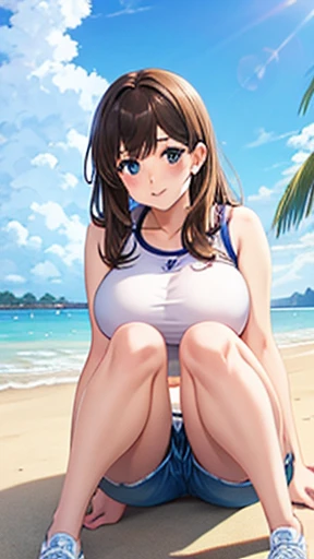 (masterpiece, Highest quality, Absurd, Game CG, figure, Very detailed), One girl, alone, (mayu kuroe), Beautiful attention to detail, stitting with, Beach, Bent knees, Crop top, Short shorts,Big Breasts