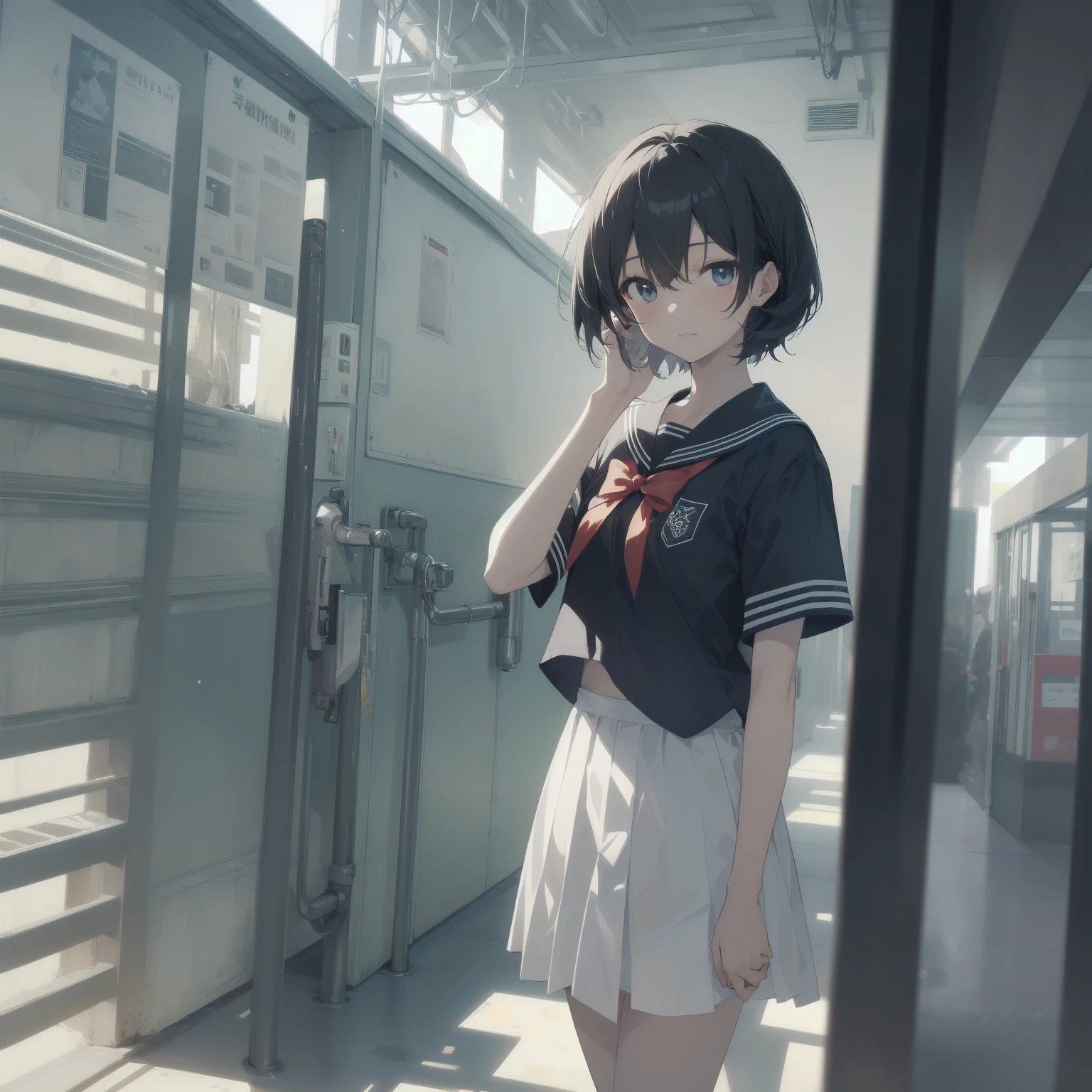 ultra-absurdres-Top quality by artist God, ultra-detailed, high resolution, anime moe artstyle, best anime 8k konachan wallpaper, pixiv contest winner, pool:2810, perfect anatomy,break, 1girl, (Please draw a girl walking sleepily to school alone. )break,(Solo,little female, 13-year-old:1.3),Full limbs, complete fingers,a junior high school student, (very short hair), short cut, flat chest, , small butt, small black eyes, beautiful detailed eyes, well-proportioned iris and pupils, expressive eyes, highres detailed hair, soft expression, salor school_uniform, sailor collar, serahuku, bow, pleated skirt,(Detailed Lighting), (Detailed background), in the School commute route. break,super detailed skin, Best cinematic lighting powered by famous artist, 8k,beauty illustration,photoshop_(medium),very aesthetic,break,((artist:zen_(kamuro) )), artist:clamp ,artist:carnelian ,artist:kantoku ,