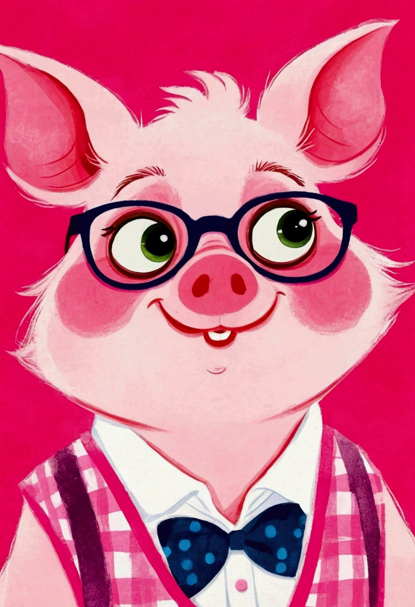 A painting。pastel artwork。Pig cartoon character,Glasses, in style of disney zootopia,Vibrant cartoon art, disney zootopia,Hand drawn cartoon art style,