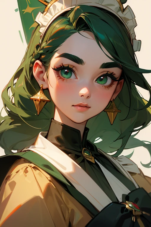 (Highest quality, masterpiece:1.2), High resolution, Very detailed, Realistic:1.37, Fantasy, An illustration, Green Eyes、Queen, Red and green swimsuit、Platinum decoration、beautifully、Eyeshadow Red、Thick eyebrows、Long eyelashes、pupils are black、Her hair is dark green、Gold crown、Kissing Face、Embarrassing、Beloved by the crowd、Hair is green、Braiding、(Fancy hair accessories)、Laugh gently、From the waist up、((Maid))
