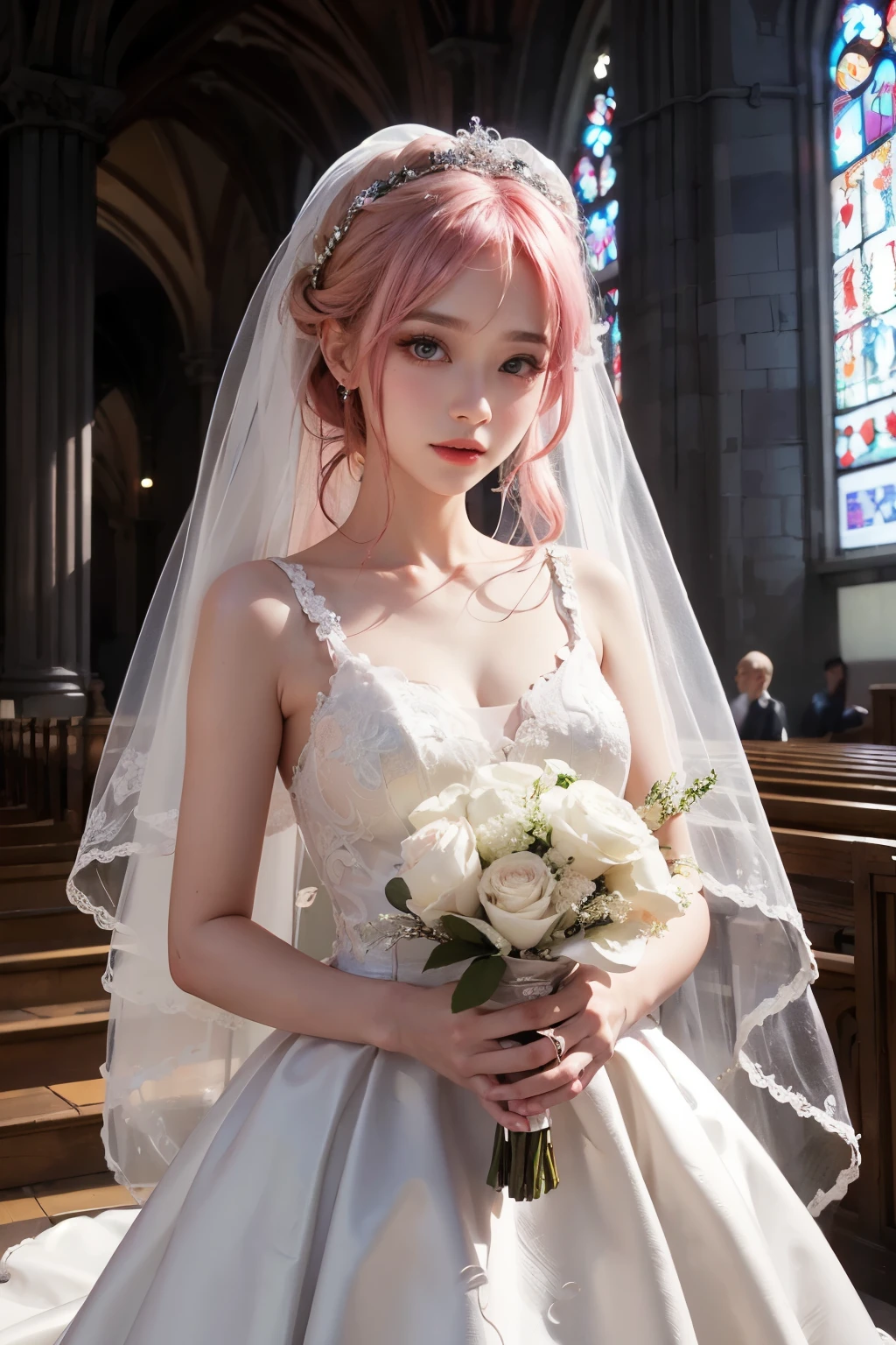 Highest quality、High resolution、超High resolution、Very detailed、colorful、Wedding dress、Slender、very beautiful、Delicate eyes、Delicate lips、Pink Hair、Whitening、highlight、church、Digital Art、Looking at the camera