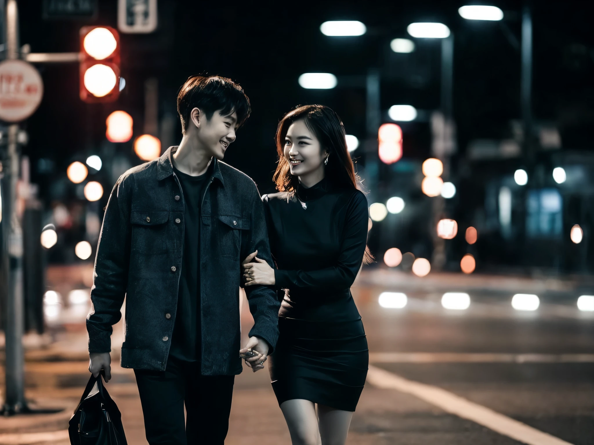 A stunning ultra-high cinematic portrait photo captures the essence of modern urban sophistication with young and stylish Korean couples. The man, dressed in flannel and a white shirt with blue jeans, exudes charm and confidence, while the woman dons a simple white top. Looking at the camera. Together, they share a intimate moment on a rain-soaked street at night, with glittering traffic lights reflecting on the wet sidewalks. The city's skyline looms in the background, showcasing towering buildings that pierce the sky. The sharp, highly realistic image quality, dynamic composition, and expert typography create a captivating portrait that captures the essence of fashion, urban style, and the romantic atmosphere of the scene., portrait photography, typography, cinematic


