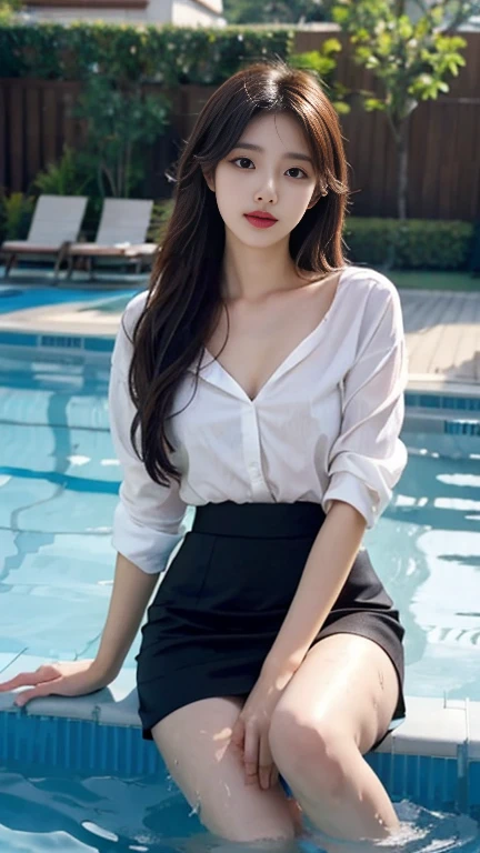 1 Girl,swimming pool,Soft Light,Chinese Beauty,Suit skirt,stocking,Long hair