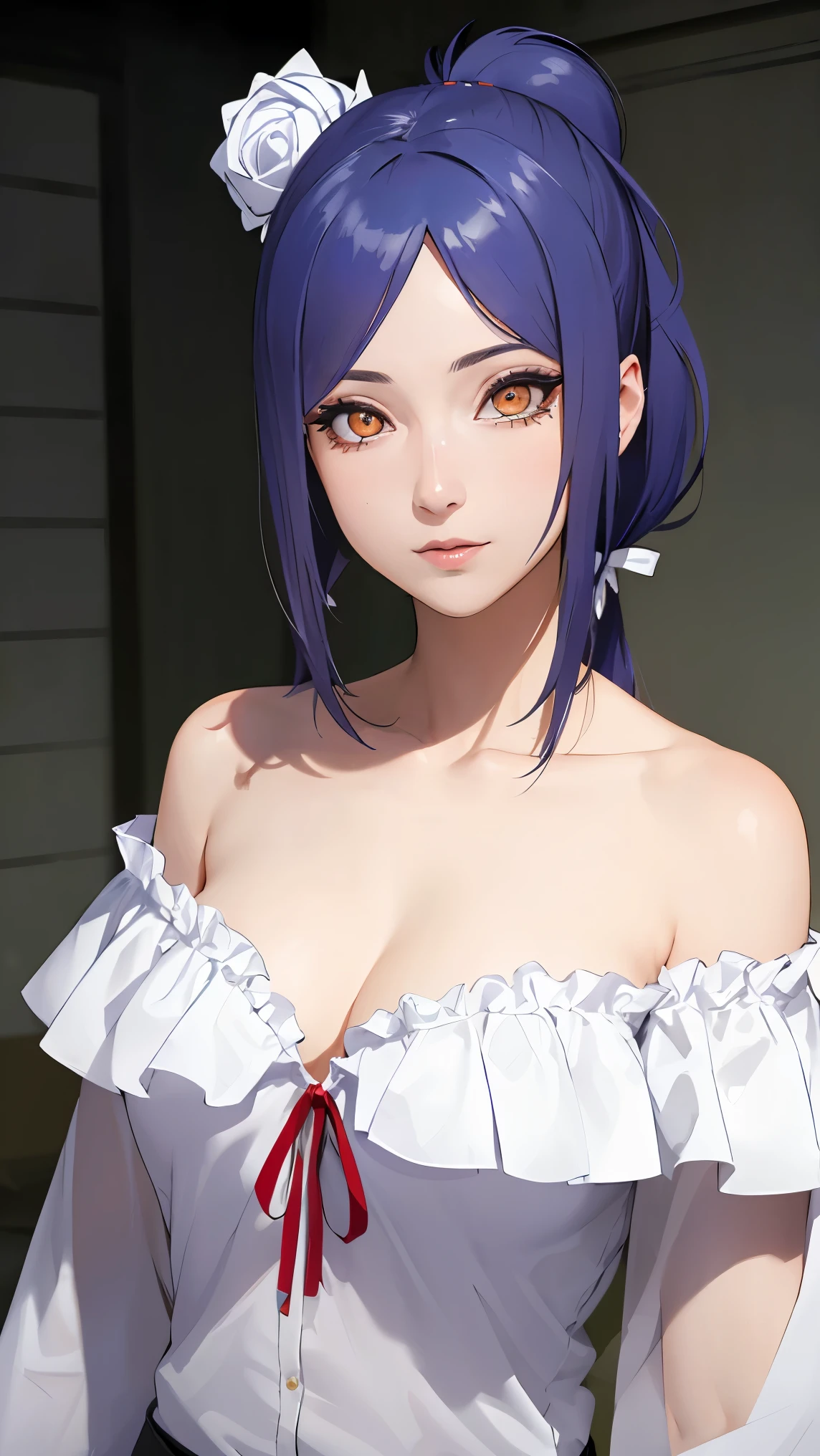 ((danya,konan \(naruto\),konan, blue hair, Orange pupils, short hair, hair ornament, flower, hair flower, )))
BREAK ((shirt, bare shoulders, twintails, collarbone, hair ribbon, white shirt, frills, off shoulder, red ribbon, short twintails, off-shoulder shirt, frilled shirt:1.5))
BREAK (Viewer's Perspective、cowboy shot:1)、Naughty big、large full breasts、(Perfect hands, Perfect Anatomy),Look at viewers、a smile,
BREAK (masterpiece:1.2), best quality, high resolution, unity 8k wallpaper, (illustration:0.8), (beautiful detailed eyes:1.6), extremely detailed face, perfect lighting, extremely detailed CG, (perfect hands, perfect anatomy),