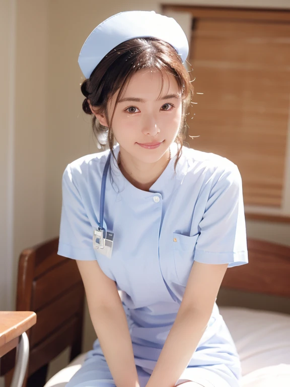 1 girl,(Wearing white nurse clothes:1.2),(RAW Photos, Highest quality), (Realistic, photo-Realistic:1.4), masterpiece, Very delicate and beautiful, Very detailed, 2k wallpaper, wonderful, finely, Very detailed CG unity 8k wallpaper, Very detailedな, High resolution, Soft Light, Beautiful detailed girl, Very detailed eyes and face, Beautiful and detailed nose, finely beautiful eyes, nurse, Perfect Anatomy, Black Hair, Upstyle, nurse uniform, ((nurse cap)), Long skirt, nurse, White costume, thin, hospital, clear, White Uniform, hospital room, Neck auscultation ,Close-up