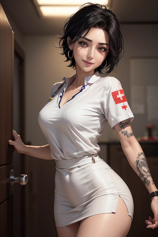 absurdrez, ultra details, high qualiy, Artwork, gorgeous eyes(detailedeyes), short messy black hair, fully body, facial expression laughing, super lashes, fully body, standing, tatoo, scar on the face, nurse outfit, hoop earings, eyes locked,