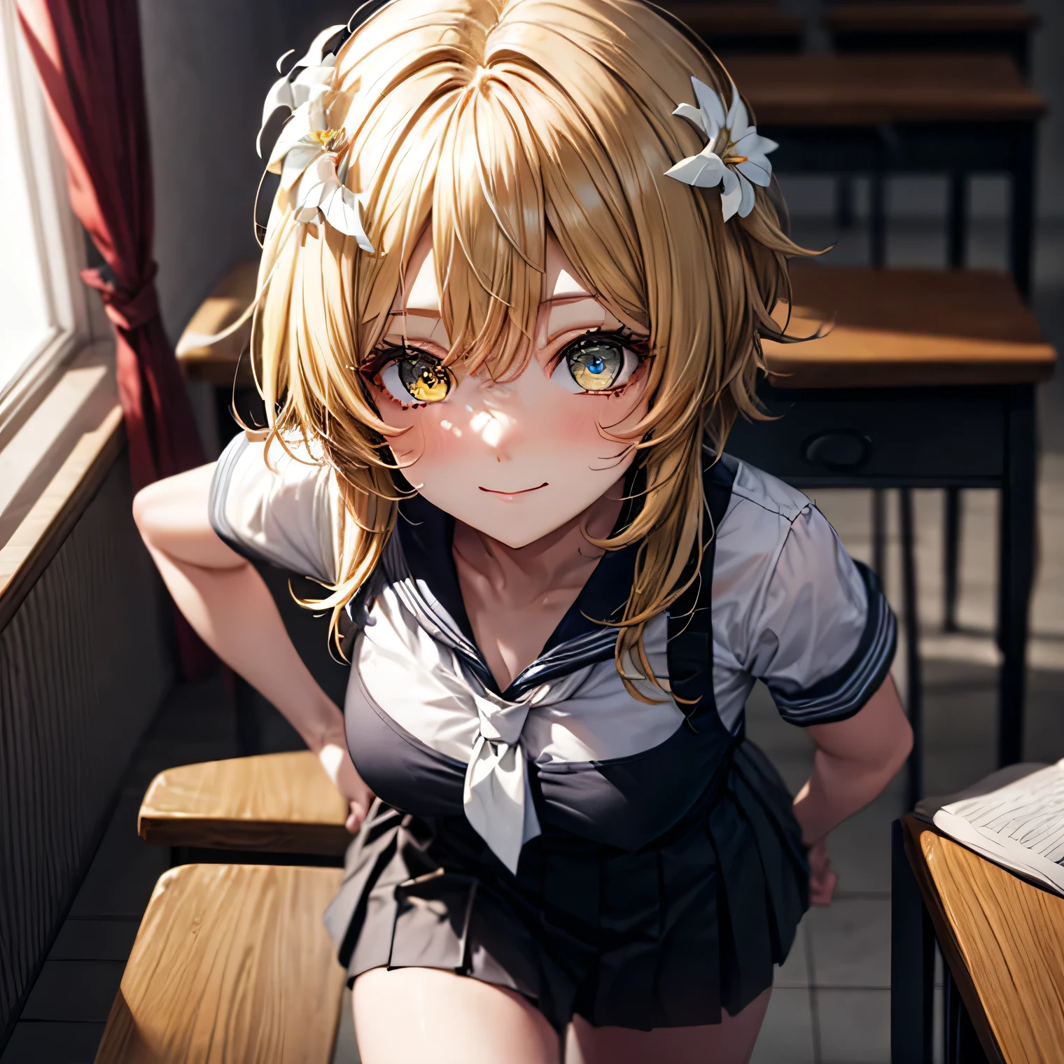 smile, Lumine, genshin impact, (blonde, Short hair, messy hair, white flower hair jewelry, detailed yellow eyes:1.4),
BREAK black footwear, black skirt, grey sailor collar, pleated skirt, sailor collar, shoes, short sleeves, shuka high , skirt,
BREAK indoors, classroom,
BREAK looking at viewer, (portrait:1.5),
BREAK (masterpiece:1.2), best quality, high resolution, unity 8k wallpaper, (illustration:0.8), (beautiful detailed eyes:1.6), extremely detailed face, perfect lighting, extremely detailed CG, (perfect hands, perfect anatomy),