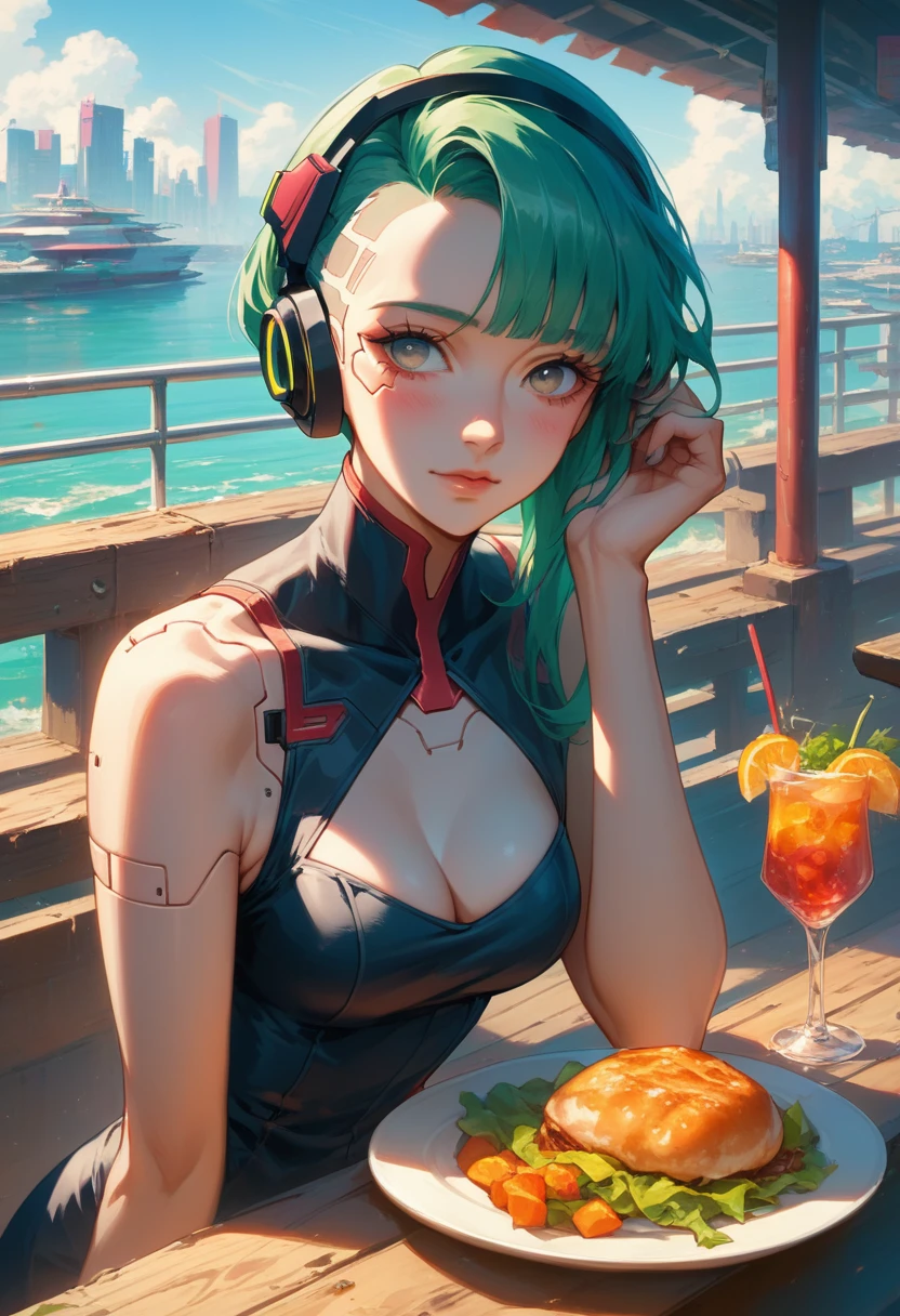 Anime girl with headphones and a plate of food on a pier, artwork in the style of Gwaiz, Digital Cyberpunk Anime Art, Digital Cyberpunk - Anime Art, Trending on cgstation, Gwaiz, Beautiful digital art, Cyberpunk atmosphere, anime cyberpunk art, Anime Style 4k, LOFI Girl, Lostrun 8k, 2. 5d cgi anime fantasy artwork